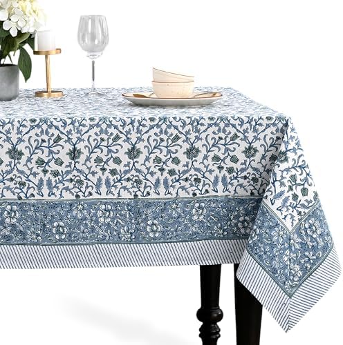 CPC Ocean Vine Tablecloth 100% Cotton 80x120 Inch Indian Block Print Rectangle Table Cover, Table Cloth for Gifting in Weddings, Halloween, Fall, Christmas, Thanksgiving by COTTONPRINTCLUB