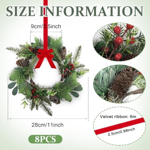 8 PCS 9" Small Christmas Norfolk Wreaths Mini Cabinet Wreaths for Kitchen with Red Berry Pinecone Cedar Bows Snowy Pine Wreath for Xmas Front Door Window Fireplace Home Table Pillar Stairs Decor - Image 3