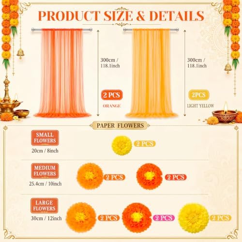 Indian Pooja Backdrop Decoration Set, Diwali Backdrop 4 Yellow Orange Tulle Drapes and 12 Paper Flowers, Mehndi Home Decorations for Varalakshmi, Haldi, Puja, Festival Decor - Image 2