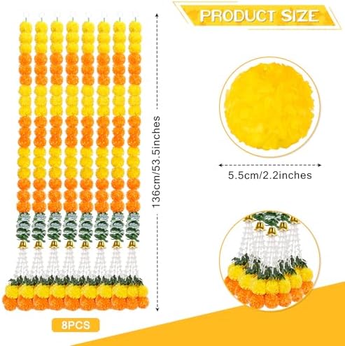 8PCS Diwali Artificial Marigold Garland for Home Decor, Marigold Long Strands with Bells and Leaves for India Wedding, Pooja Decor, Marigold Flowers Strings for All Year Decoration - Image 2