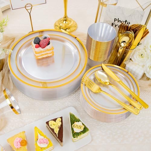 WELLIFE Clear and Gold Plastic Plates, Dinnerware Set for 25 Guests - Image 3