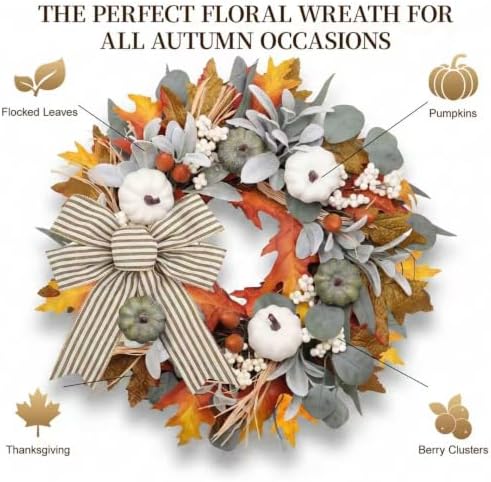 Fall Wreaths for Front Door 22 Inch Autumn Pumpkin Wreath with Orange Maple Leaves Eucalyptus Leaves White Berries Bow Rustic Farmhouse Thanksgiving Wreaths Decor for Indoor Porch Wall Home - Image 2