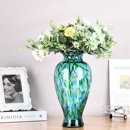 11.8" Tall Glass Vase Beautiful Hand Blown Glass Vase Modern Art Home Decor, Wide Mouth Colorful Vases for Mantle Dining Table Centerpiece, Entryway Living Room Wedding Decoration (Jade Green) - Image 4