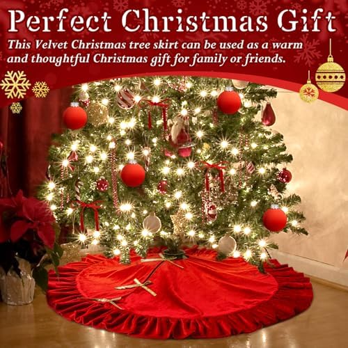 Velvet Christmas Tree Skirt, 48 Inches, Bow Style, Bright Red - Image 7