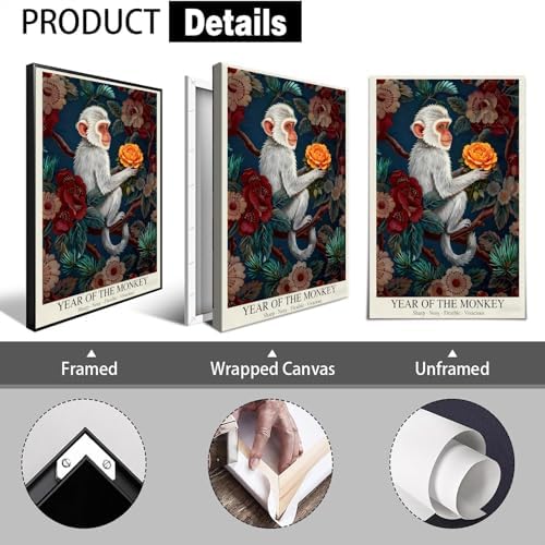 Chinese Lunar Year of the Monkey Art Print – Vibrant Orange Rose & Floral Pattern Zodiac Wall Decor Dark Blue Oriental Aesthetic Home Decoration Poster for Bathroom Bedroom 12X18 in Black Framed - Image 2