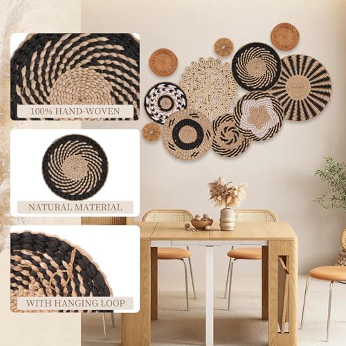 Boho Wall Basket Decor Set of 11 - Hanging Woven Bulrush Basket Wall Decor, Handcrafted Round Flat Baskets Wall Art, for Rustic Farmhouse、Home - Unique Rattan Wicker Wall Decor（Black Retro） - Image 3