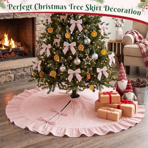 JOVIPOP Christmas Tree Skirt, 48 Inch Red Pinstripe Ruffle - Image 3