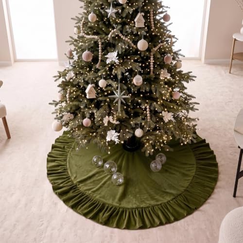 Velvet Christmas Tree Skirt, 84 Inches, Bow Style, Olive Green - Image 2