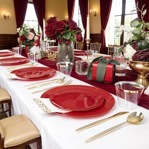 MirthMood 210pcs Red Plastic Plates,Disposable Red Gold Party Plates - Image 4