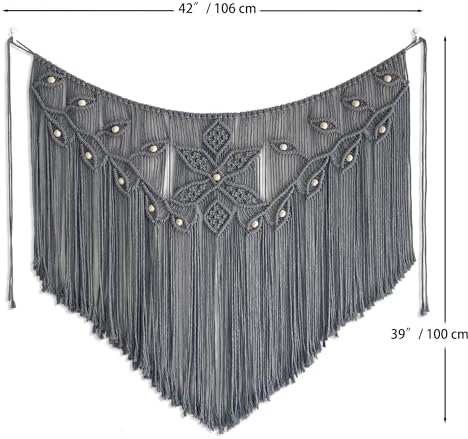 Youngeast Macrame Wall Hanging Large Macrame Curtains Leaf Shape Beads Wall Decor Boho Tassel Wall Art Woven Tapestry Headboard Backdrop Gray - Image 6