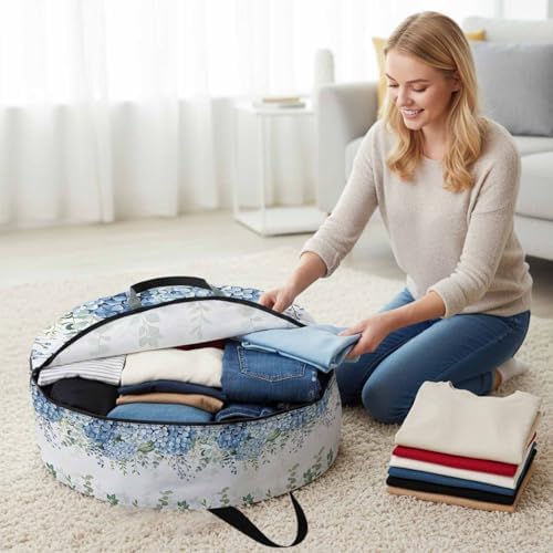 36 Inch Round Storage Bag 1 Pack,Green Eucalyptus Leaf Blue Hydrangea Waterproof Wreath Storage Container with Handles&Zipper Blossom Floral Closet Organizer Bags Garland Box - Image 3