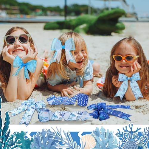 10 Rolls Summer Sea Animals Ribbons 6 Rolls 2.5" x 5 Yards Ocean Wired Edge Fabric Ribbons and 4 Rolls 10" x 10 Yards Mesh Ribbon Rolls for Wreath Craft Gift Wrapping Under the Sea Party Decoration - Image 6