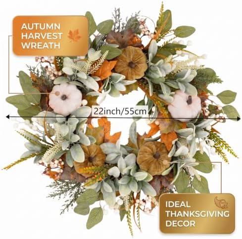 22 inch Fall Wreaths for Front Door, with Artificial Eucalyptus 5 Large Velvet Pumpkin Porch for Home Autumn Thanksgiving Farmhouse Holiday Outdoor Decor - Image 3
