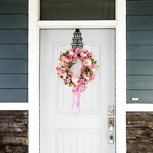 Lvydec Artificial Peony Flower Wreath - 15" Pink Flower Door Wreath Spring with Green Leaves for Front Door, Wedding, Wall, Home Decor - Image 5