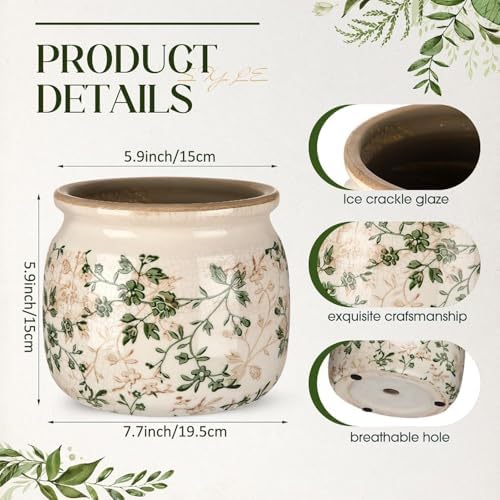 7.7" Large Ceramic Plant Pot Beige Green Jasmine Vine Crackle Glaze Rustic Flowers Pot Decorative Planter with Drainage for Indoor Outdoor Plants Home Kitchen Office Decor Gift - Image 2