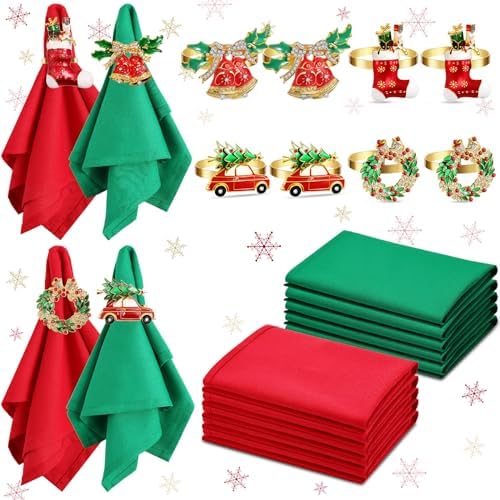 Ziliny 16 Pcs Cotton Christmas Napkins and Rings Set, 8 Washable Thanksgiving Napkins Cloth, 8 Xmas Napkin Rings for Xmas Dinner Party Table Decoration(Bells Cars Socks) by Ziliny