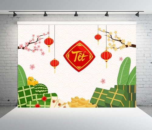 BELECO 8x6ft Fabric TET Backdrop - Happy Vietnamese New Year Decorations with Cherry Blossoms & Lanterns for Asian New Year Party & Photoshoot Studio Props - Image 3