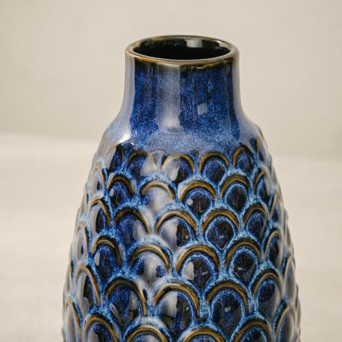 Ceramic Flower Vase, 9.06” Vintage Blue Pottery Vase for Home Decor, Rustic Textured Vase for Pampas Grass, Living Room, Entryway, Mantel, Kitchen Table, Centerpiece - Image 5