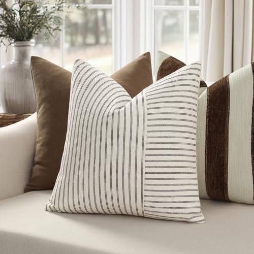 YCOLL Farmhouse Euro Sham Pillow Covers 24x24, Modern Throw Pillow Covers Set of 2, Black and Beige Striped Patchwork Linen Decorative Pillows Cushion Covers for Bed Sofa Couch Living Room Home Decor - Image 2