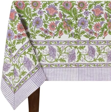 110x110 Inches Square Hand Block Printed Cotton Tablecloth, Purple Pink Floral Washable, Indian Table Linen for Halloween Christmas Christmas Thanksgiving Gifts Home Decor Dining Outdoor by HomeSpunCrafts