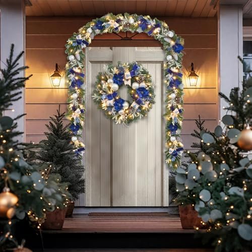 Pre-Lit Christmas Garland with Christmas Tree Icon Ribbon and Magnolia, 25 LED Lights with Timer, 6ft Lighted Silver Blue Garland for Front Door, Mantel, Holiday Decoration,Magnolia Winter Decor - Image 2