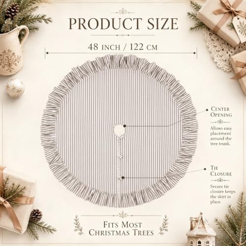 48 Inches Striped Christmas Tree Skirt Vintage Ruffle Decor, Brown - Image 2