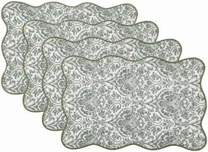 Fennco Styles Sage Damask Scalloped Placemats 12" x 18", Set of 4 – Vintage-Inspired Design Decorative Table Mats for Holidays, Family Gatherings, Kitchen & Dining Décor - Image 4