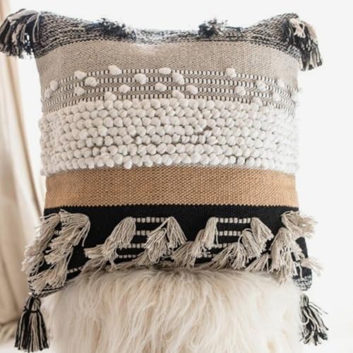 Throw Boho Pillow Cover, 18”x18” Bohemian Moroccan Rustic Decorative Pillows with Tufted Accents, Plush Handwoven Cotton, Textured Woven Neutral Farmhouse Scandinavian Home Decor - Image 2