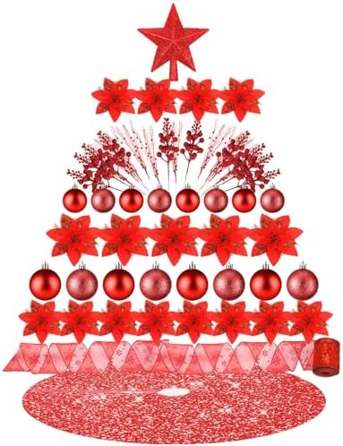 Realspring 72 Pieces Christmas Tree Ornament Set Xmas Assorted Decorations Bulk Glitter Poinsettia Berry Picks Topper Star Sequin Tree Skirts for Home Wreaths Holiday Party Favors (Red) by Realspring