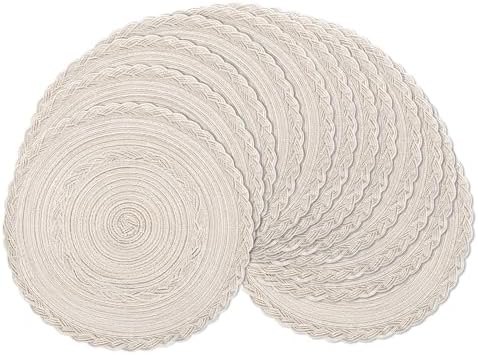 SHACOS 15 inch Round Braided Placemats Set of 12 for Dining Table Woven Boho Place Mats Kitchen Placemat Washable Table Mats, Ivory Bordered by SHACOS