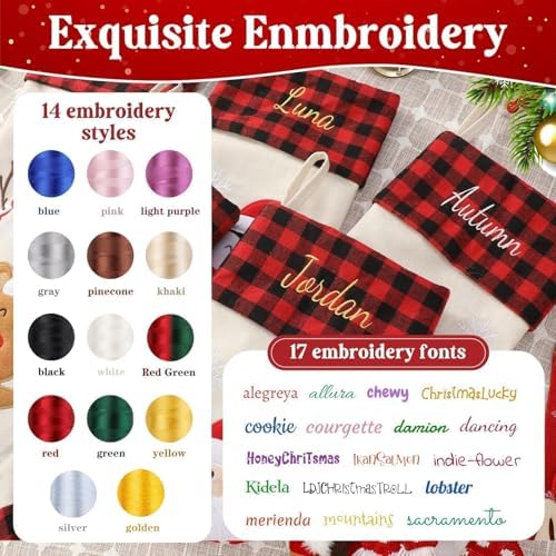 Personalized Christmas Stockings with Embroidered Name & Monogram,Custom 3D Xmas Character Stocking 4 Pack 18” Large,Santa,Snowman & Reindeer Fireplace Hanging Red Burlap Plaid Stockings(D) - Image 4