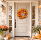 24 Inch Fall Wreath for Front Door with Storage Bag, Autumn Wreaths with Gingham Bow, Orange Maple Leaf, and Berries for Outdoor, Farmhouse Porch Thanksgiving and Harvest Festival Parties - Image 3