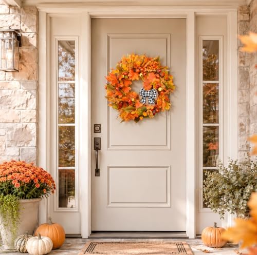 24 Inch Fall Wreath for Front Door with Storage Bag, Autumn Wreaths with Gingham Bow, Orange Maple Leaf, and Berries for Outdoor, Farmhouse Porch Thanksgiving and Harvest Festival Parties - Image 3