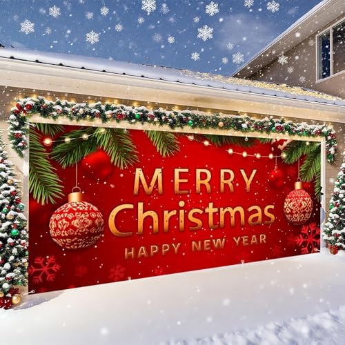 Christmas Garage Door Banner – Red Holiday Mural Cover with Gold "Merry Christmas and Happy New Year" Text, Ornaments, Snowflakes, and Pine Decor – Outdoor Xmas Decoration for Garage or Porch - Image 3