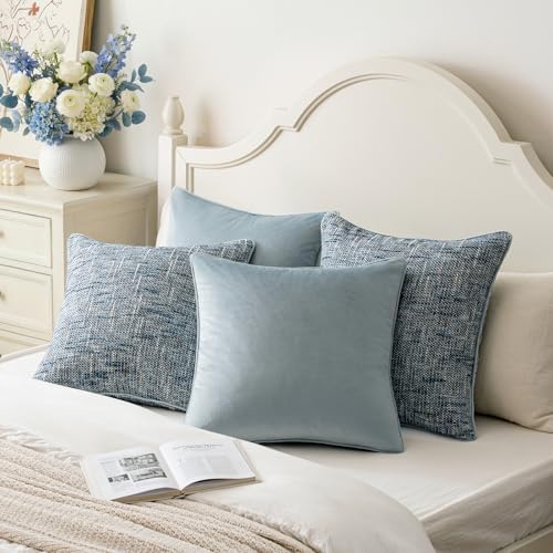 a moment Light Blue 4 Pack Throw Pillow Covers - Chenille & Velvet Set with Piping, Farmhouse Textured Design Pillow Cases for Couch Sofa Bed Livingroom (22x22 Inch, No Insert) - Image 5