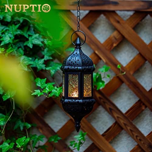 2 Pcs Hanging Candle Lantern Moroccan Chandelier Retro Candle Holder Moroccan Vintage Metal Hollow Wedding Hanging Candle Holders Lantern Contain 35cm Chain, Black - Image 3
