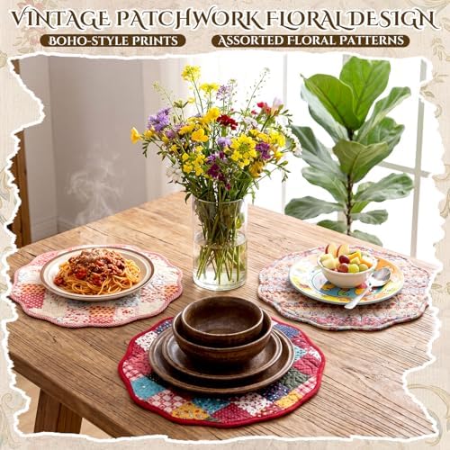 6 Pack Large Quilted Round Placemats 14 Inch Reversible Patchwork Cotton Table Mats, Vintage Floral Cottagecore Farmhouse Washable Dining Table Decor - Image 2