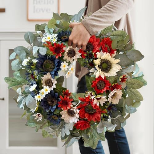 WANNA-CUL 24 Inch Patriotic Sunflower Wreath 4th of July Front Door Wreath - Image 4