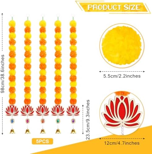 5PCS Artificial Marigold Garland with Lotus and Bell for Diwali Decoration, Marigold Long Strands for Indian Wedding Pooja Puja Decor, Flowers Garland for All Year Decoration - Image 2