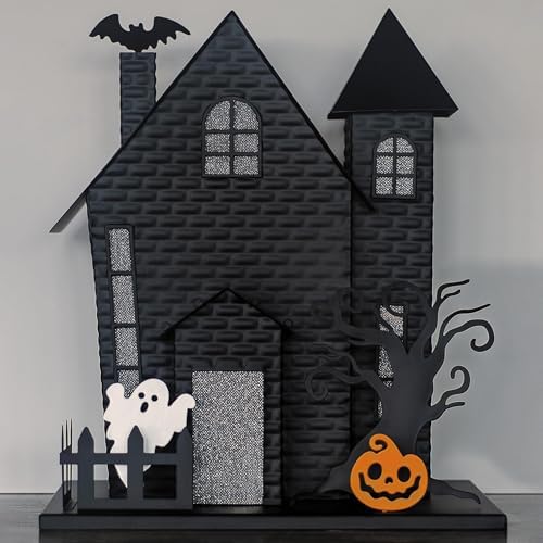 Haute Decor Halloween Haunted House with Bat Projection - Unique Lighted Black Metal Haunted House for Tabletop Halloween Decoration - Image 2