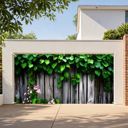 Garden Garage Door Banner 6 x 13 FT, Green Ivy Rustic Wood Fence Garage Door Cover, Botanical Greenery Floral Outdoor Garage Door Decorations, Farmhouse Nature Backdrop for Home Party Decor(Wooden planks) - Image 3