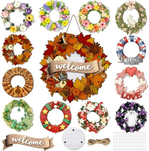 Interchangeable Welcome Sign Wood Wreath, 13 Inserts Front Door by Unknown