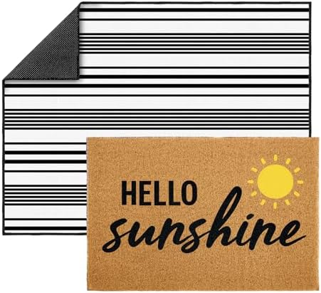 2 Pcs Layered Front Porch Decor, Hello Sunshine Welcome Doormats Summer Coastal Entryway Rug Set, Black and White Striped Crystal Velvet Base and PVC Coil Door Mat, 15.7x23.6 & 23.6x31.5 - Image 2