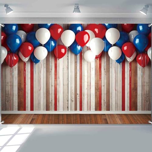 4th of July Patriotic Banner Backdrop 8x6ft Red White Blue Balloons Rustic Wooden Wall Photography Background Independence Day Memorial Day Veteran Birthday Party Decorations by LDWLYW