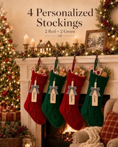houscly 18 Inch Personalized Christmas Stockings, 4 Pack Red Green - Image 2