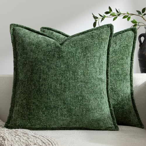 DEZENE Pack of 2 Forest Green Christmas Euro Shams Pillow Covers 26x26 Cozy Soft Chenille Decorative Throw Pillow Covers Accent Vintage Square Couch Pillow Covers for Home Decor Bed Sofa Living Room by DEZENE