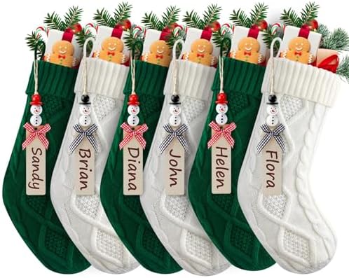 Personalized Christmas Stockings - 18 Inches Hanging Stockings with DIY Snowman Name Tags, 7 Pack Large Size Knitted Stockings for Mantels, Christmas Tree Family Holiday Decor by Minetom
