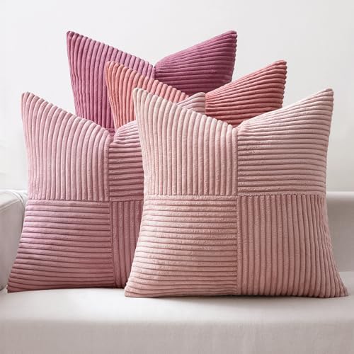 MIULEE Aesthetic Pink Throw Pillow Covers 18x18 Inch Set of 4 Spring Decorative Coquette Cushion Cases Cute Gradient Pillow Cases Corduroy Home Decor for Couch Sofa Living Room Bed Valentine Decor by MIULEE