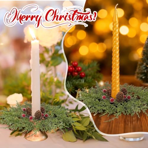 8 PCS Christmas Pine Taper Candle Rings Wreaths 1.38" Mini Norfolk Pine Taper Candle Holder Wreaths Candle Rings with Berry Pinecones for Xmas Holiday Church Home Table Centerpiece Candlesticks Decor - Image 7