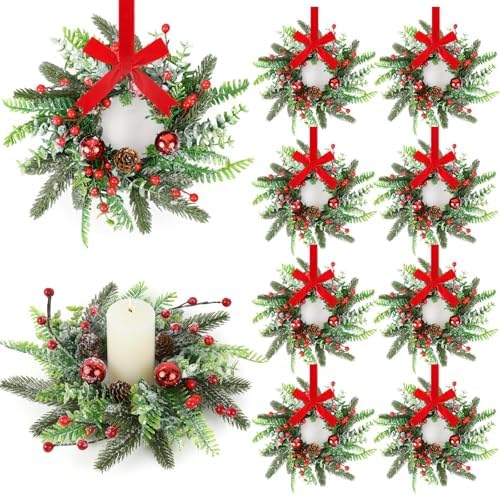 8 Pcs Christmas Candle Rings Wreaths Artificial Snowy Pine Cedar Red Berry Clusters Candle Rings Wreaths Mini Christmas Balls Wreath for Xmas Winter Front Door Window Decorations by Unknown